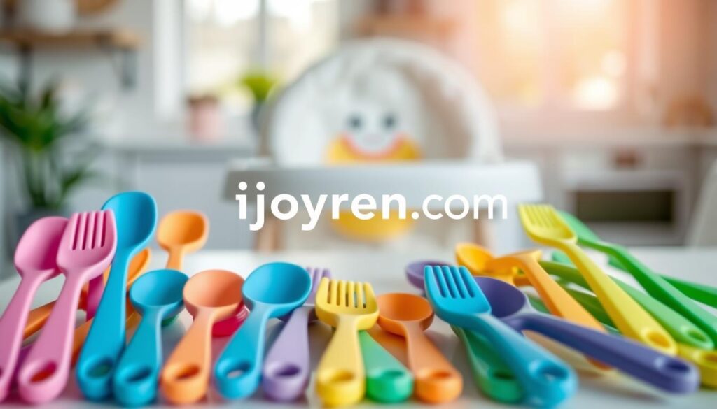 A colorful arrangement of soft silicone baby spoons and forks in a serene, well-lit setting. In the foreground, various brightly colored utensils in shades of pink, blue, green, and yellow, showcasing their ergonomic designs and textured grips perfect for little hands. In the middle ground, a subtle blur of a plush high chair and a cheerful baby bib, creating a warm and inviting atmosphere. The background features a soft-focus kitchen or dining area with natural light streaming in, emphasizing hygiene and safety. Shot with a shallow depth of field using a 50mm lens for a soft bokeh effect, the image conveys a sense of care and joy associated with feeding infants. Incorporate the brand name "ijoyren.com" subtly within the arrangement, without any text or overlays.
