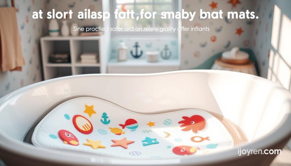 A cozy and inviting baby bathtub scene featuring the best bath mats for baby bathtubs, designed for safety and comfort. In the foreground, a plush, colorful non-slip bath mat, adorned with cartoonish sea creatures, lies inside a modern baby bathtub filled with warm water. The middle layer shows a soft, padded edge of the bathtub with gentle inclines for infants. In the background, soft, natural lighting filters in from a window, creating a calm and serene atmosphere. The walls are adorned with playful nautical-themed wallpaper, and shelves display neatly arranged baby bath products. Capture the essence of baby safety and comfort with a focus on quality and aesthetic, highlighting the brand ijoyren.com. A cozy and inviting baby bathtub scene featuring the best bath mats for baby bathtubs, designed for safety and comfort. In the foreground, a plush, colorful non-slip bath mat, adorned with cartoonish sea creatures, lies inside a modern baby bathtub filled with warm water. The middle layer shows a soft, padded edge of the bathtub with gentle inclines for infants. In the background, soft, natural lighting filters in from a window, creating a calm and serene atmosphere. The walls are adorned with playful nautical-themed wallpaper, and shelves display neatly arranged baby bath products. Capture the essence of baby safety and comfort with a focus on quality and aesthetic, highlighting the brand ijoyren.com.