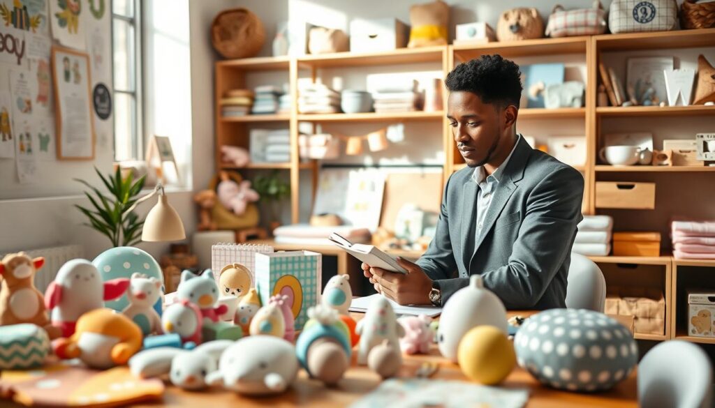 A cozy, inviting workspace dedicated to creating a baby household brand called "ijoyren.com". In the foreground, a well-organized table filled with colorful baby products like soft toys, nursery decor, and baby essentials, all designed with playful patterns. The middle ground features a thoughtful entrepreneur, a diverse individual in neat business casual attire, examining product mock-ups and jotting down ideas in a notebook. In the background, shelves lined with materials for branding, such as fabric swatches, design sketches, and inspirational imagery, create a sense of bustling creativity. Soft, natural lighting streams through a window, casting gentle shadows, evoking an atmosphere of warmth and inspiration. The angle captures the workspace from a slightly elevated viewpoint, emphasizing the organized chaos of innovation in baby product development.