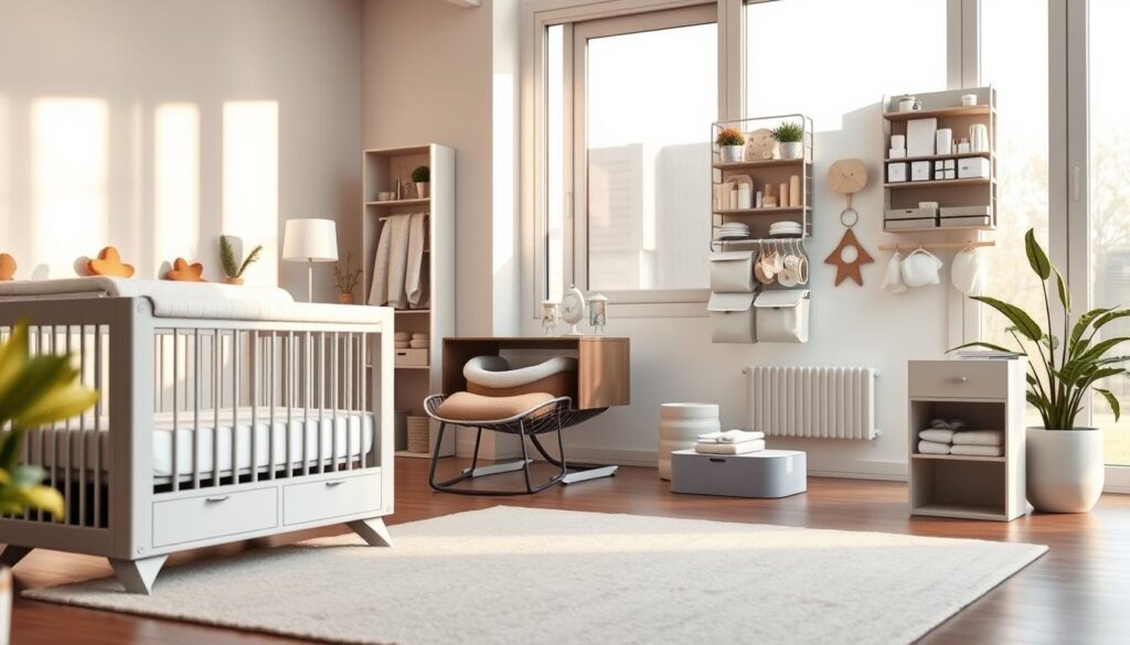 A cozy, modern living space showcasing innovative, space-saving baby gadgets. In the foreground, a sleek multi-functional crib with storage compartments and a compact changing station, surrounded by minimalist decor. In the middle, a stylish infant rocker that easily folds, and a wall-mounted nursery organizer filled with baby essentials. The background features large windows letting in soft, natural light, casting warm shadows across a soft area rug. An inviting atmosphere with light pastel colors and plants adding a touch of freshness. The scene is depicted with a depth of field to create a professional look, as if captured through a wide-angle lens, conveying the mood of practicality and elegance. The brand "ijoyren.com" subtly integrated into the design elements.