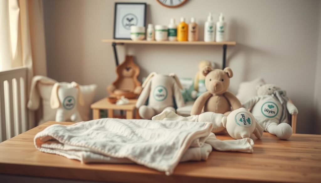 A cozy, softly lit nursery setting featuring a neatly arranged collection of custom-branded baby goods from "ijoyren.com". In the foreground, a plush, environmentally friendly baby blanket and organic cotton onesies are prominently displayed on a clean wooden table. The middle ground showcases a selection of eco-friendly toys crafted from sustainable materials, each bearing the brand logo. In the background, a decorative shelf holds certified organic baby care products, such as lotions and shampoos. The lighting is warm and inviting, creating a serene atmosphere, with soft shadows to enhance the homely feel. A gentle focus effect emphasizes the details of each product, while maintaining a professional yet comforting ambiance that conveys the importance of sustainability and environmental certifications in baby goods. A cozy, softly lit nursery setting featuring a neatly arranged collection of custom-branded baby goods from "ijoyren.com". In the foreground, a plush, environmentally friendly baby blanket and organic cotton onesies are prominently displayed on a clean wooden table. The middle ground showcases a selection of eco-friendly toys crafted from sustainable materials, each bearing the brand logo. In the background, a decorative shelf holds certified organic baby care products, such as lotions and shampoos. The lighting is warm and inviting, creating a serene atmosphere, with soft shadows to enhance the homely feel. A gentle focus effect emphasizes the details of each product, while maintaining a professional yet comforting ambiance that conveys the importance of sustainability and environmental certifications in baby goods.