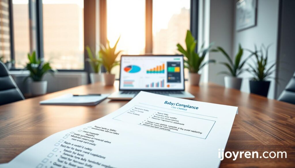 A detailed product safety compliance checklist prominently displayed on a sleek wooden desk in a modern office environment. In the foreground, the checklist is neatly organized, with bullet points clearly outlining safety measures for importing baby tableware, including testing for harmful substances and material safety. In the middle, there's a open laptop with a vibrant screen displaying data analytics related to compliance and wholesale technology solutions. In the background, a large window lets in natural light, casting a warm glow over the scene, while potted plants add a touch of greenery. The atmosphere is professional and focused, aiming to convey a sense of innovation and responsibility. The brand name "ijoyren.com" subtly incorporated into the design elements of the checklist.