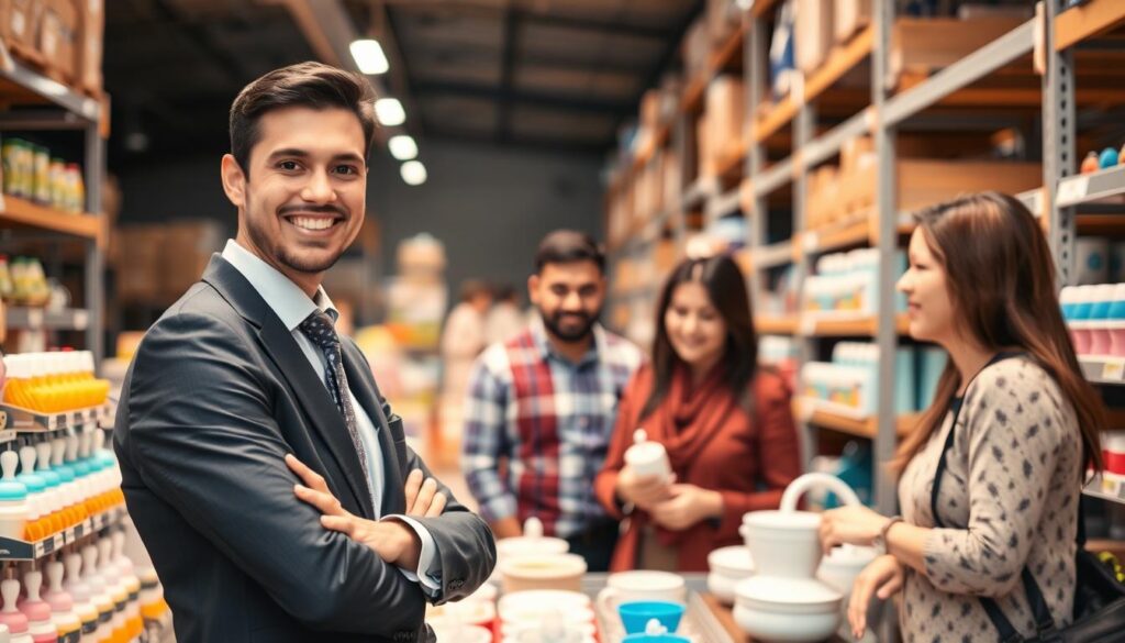 A friendly and professional customer service representative in business attire stands in the foreground, with a welcoming smile, as they assist a diverse group of customers looking at baby self-feeding supplies. The middle ground features a well-organized wholesale display filled with colorful, high-quality baby products such as spoons, bowls, and bottles, neatly arranged on shelves. In the background, soft, warm lighting creates an inviting atmosphere, highlighting the efficient, clean layout of the warehouse. A subtle depth of field effect focuses on the interaction between the representative and customers, enhancing the feeling of personalized service. The overall mood is one of trust and commitment to exceptional customer service, reflecting the brand essence of ijoyren.com.