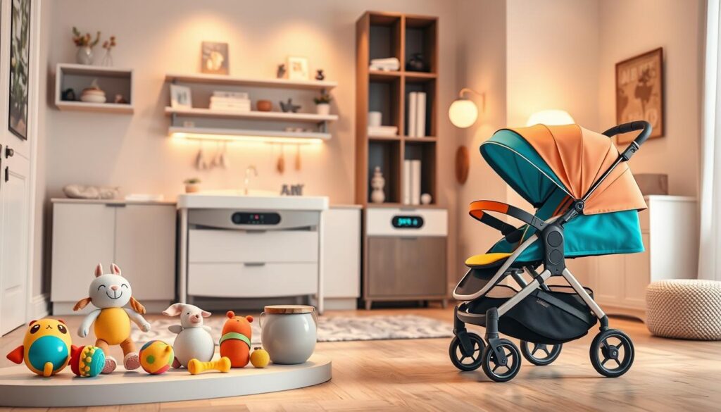 A modern and innovative display of baby gear designed for a vibrant, stylish family home. In the foreground, showcase a sleek, multifunctional baby stroller with vibrant colors and eco-friendly materials. To the left, a set of soft, ergonomically designed baby toys made from sustainable resources. In the middle, a chic changing table integrated with smart technology, such as an LED screen displaying useful tips. The background features a cozy nursery with elegant shelving and tasteful decor, hinting at marketing graphics promoting the products subtly. Use warm, inviting lighting to create an atmosphere of comfort and safety, with depth achieved through a shallow focus lens. The overall mood should convey a blend of innovation and practicality in everyday family life, highlighting the brand ijoyren.com. A modern and innovative display of baby gear designed for a vibrant, stylish family home. In the foreground, showcase a sleek, multifunctional baby stroller with vibrant colors and eco-friendly materials. To the left, a set of soft, ergonomically designed baby toys made from sustainable resources. In the middle, a chic changing table integrated with smart technology, such as an LED screen displaying useful tips. The background features a cozy nursery with elegant shelving and tasteful decor, hinting at marketing graphics promoting the products subtly. Use warm, inviting lighting to create an atmosphere of comfort and safety, with depth achieved through a shallow focus lens. The overall mood should convey a blend of innovation and practicality in everyday family life, highlighting the brand ijoyren.com.