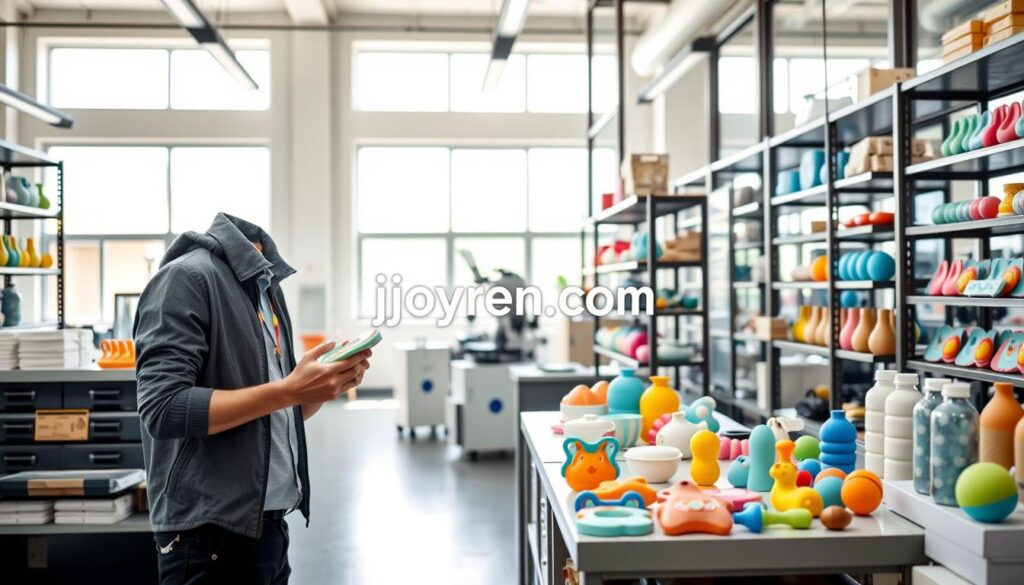A modern baby gear manufacturing scene featuring a spacious, well-lit workshop with sleek silicone baby products like bibs, bottle nipples, and teething toys displayed prominently. In the foreground, a professional designer in smart casual attire inspects a colorful silicone baby product, examining quality and texture. In the middle ground, shelves showcase various silicone items with playful designs, while a quality control station is equipped with testing tools and materials, emphasizing safety and durability. The background displays large windows letting in natural light, enhancing the clean, organized atmosphere. The overall mood is one of innovation and care, representing the dedication to creating safe and attractive baby products. The brand name "ijoyren.com" is subtly integrated into the workshop design.