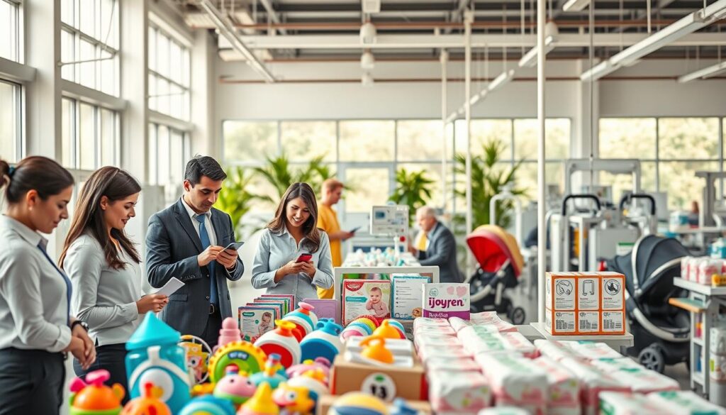 A modern baby product manufacturing facility, showcasing various stages of production. In the foreground, a diverse group of professionals in smart casual attire, analyzing safety compliance labels on colorful baby products, like toys, strollers, and diapers. In the middle, an assembly line filled with baby goods, neatly organized, and labeled for safety certifications. The background features large windows allowing natural light to flood the space, casting a bright and welcoming atmosphere. Plants are placed strategically to enhance the environment. Bright and clean colors dominate the scene, reflecting a sense of trust and safety. The brand logo “ijoyren.com” is subtly displayed on one of the product labels, ensuring brand recognition without overpowering the scene. The overall mood is professional, inspiring, and meticulous.