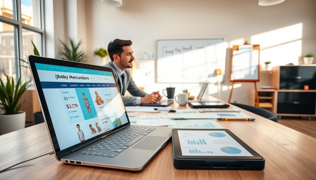 A modern office space, focused on website development for a baby merchandise brand, "ijoyren.com". In the foreground, a sleek laptop displays a vibrant e-commerce site with baby products, surrounded by various startup expenses visualized as graphs and charts on a digital tablet. The middle features a professional individual in smart casual attire, engaged in discussion with a colleague over a coffee-stained desk, cluttered with notes and mockups. The background includes soft pastel-colored decorations and a whiteboard filled with brainstorming ideas. Natural daylight streams through large windows, creating a warm, inviting atmosphere that inspires creativity. The overall mood conveys enthusiasm and professionalism, emphasizing teamwork and innovation in launching a baby goods brand. A modern office space, focused on website development for a baby merchandise brand, "ijoyren.com". In the foreground, a sleek laptop displays a vibrant e-commerce site with baby products, surrounded by various startup expenses visualized as graphs and charts on a digital tablet. The middle features a professional individual in smart casual attire, engaged in discussion with a colleague over a coffee-stained desk, cluttered with notes and mockups. The background includes soft pastel-colored decorations and a whiteboard filled with brainstorming ideas. Natural daylight streams through large windows, creating a warm, inviting atmosphere that inspires creativity. The overall mood conveys enthusiasm and professionalism, emphasizing teamwork and innovation in launching a baby goods brand.
