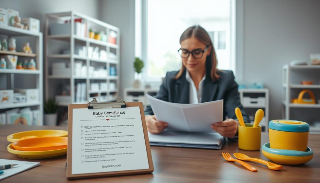 A professional and informative workspace depicting a CPSIA compliance checklist for sourcing baby tableware. In the foreground, a neatly arranged desk features a clipboard with bullet points on compliance tips, surrounded by colorful baby tableware items like plates and utensils. In the middle, a well-dressed business professional, wearing modest casual clothing, is reviewing documents, looking focused and engaged. The background showcases shelves filled with samples of baby products and a window letting in soft, natural light, creating an inviting atmosphere. The scene captures a sense of productivity and attention to safety, emphasizing the importance of compliance strategies. The brand "ijoyren.com" is subtly included on the desk materials.
