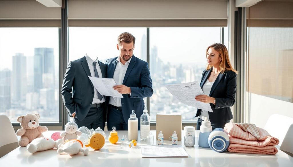 A professional businessman and businesswoman standing in a modern, well-lit conference room, both dressed in smart attire, analyzing blueprints and product samples of high-quality baby products. The foreground showcases various baby items like plush toys, baby bottles, and soft blankets neatly arranged on a sleek table. In the middle, the couple is engaged in conversation, pointing towards product specifications and compliance documents. The background features a large window with a view of a thriving city skyline, symbolizing global business connections. Soft, natural lighting floods the room, creating a warm and inviting atmosphere. Emphasize safety and compliance by incorporating product labels and certifications subtly visible on the items. Ensure the brand prominently displayed is "ijoyren.com". A professional businessman and businesswoman standing in a modern, well-lit conference room, both dressed in smart attire, analyzing blueprints and product samples of high-quality baby products. The foreground showcases various baby items like plush toys, baby bottles, and soft blankets neatly arranged on a sleek table. In the middle, the couple is engaged in conversation, pointing towards product specifications and compliance documents. The background features a large window with a view of a thriving city skyline, symbolizing global business connections. Soft, natural lighting floods the room, creating a warm and inviting atmosphere. Emphasize safety and compliance by incorporating product labels and certifications subtly visible on the items. Ensure the brand prominently displayed is "ijoyren.com".