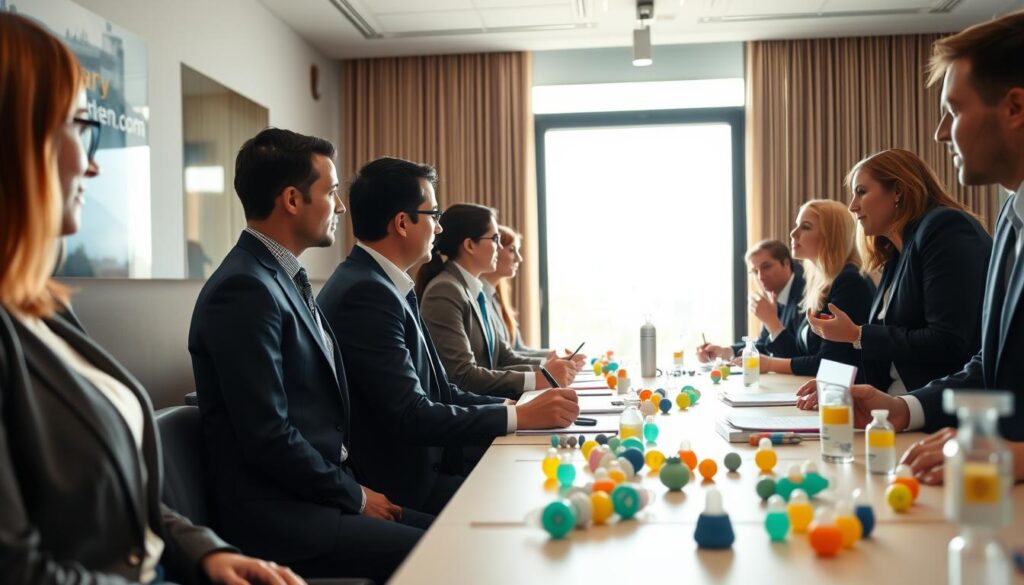 A professional meeting room filled with European distributors discussing silicone baby products. In the foreground, a diverse group of business professionals in smart attire, focused on a presentation, taking notes and engaging in conversation. The middle ground features a large table with sample silicone baby products, such as pacifiers and teething toys, neatly arranged. The background displays a large window with a view of an urban European landscape, bright natural light pouring in, illuminating the scene. The atmosphere is collaborative and energetic, conveying trust and partnership. Soft lighting for a warm, inviting ambiance, captured with a 35mm lens at eye level for a realistic perspective. The brand name "ijoyren.com" is subtly featured on one of the product displays.