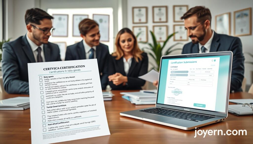 A professional setting illustrating the certification process for baby goods, featuring a diverse group of three individuals, two men and one woman, dressed in smart business attire. They are gathered around a large table covered with documents, safety checklists, and a laptop displaying a certification submission form. In the foreground, focus on a close-up of a checklist emphasizing the requirements for baby goods in the USA market. The middle layer showcases a diverse group engaged in discussion, with expressions of concentration and determination. The background includes a window with soft natural light illuminating the office environment, plants, and certificates displayed on the wall. Capture a clear, crisp atmosphere reflecting diligence and professionalism, while emphasizing safe and compliant practices for baby goods certification. Include subtle branding elements from "ijoyren.com" in the workspace.