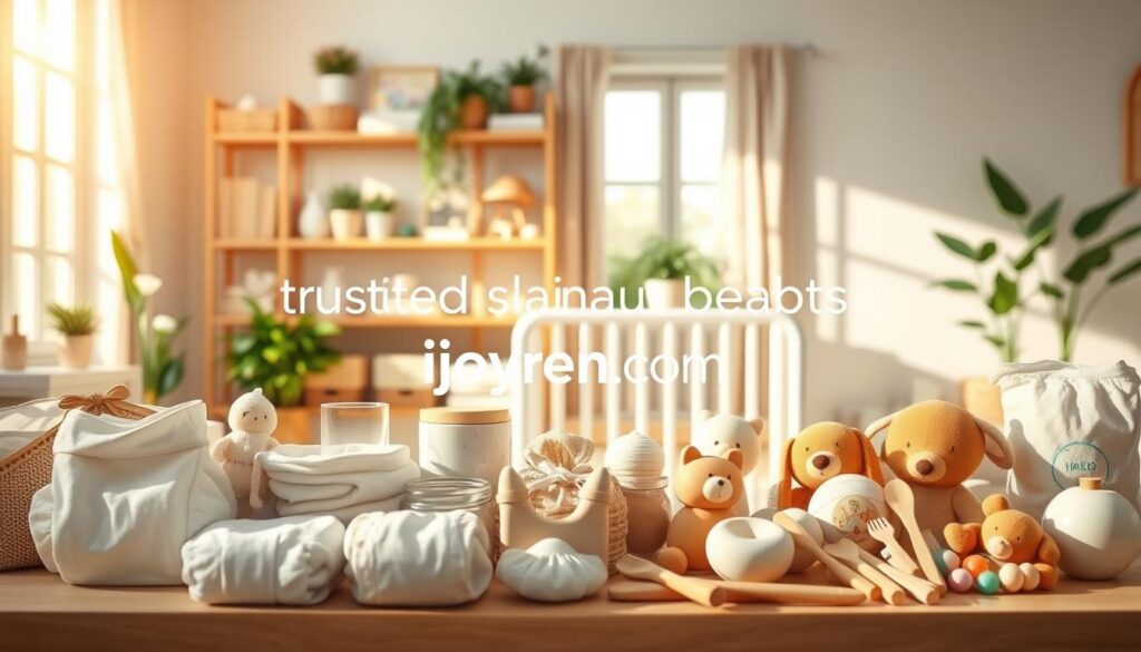 A serene and inviting display of trusted sustainable baby brands, featuring eco-friendly products like organic cotton diapers, bamboo feeding utensils, and biodegradable toys. In the foreground, a neatly arranged assortment of these products is highlighted, with soft, natural lighting casting gentle shadows. The middle ground showcases a tranquil, stylish nursery setting with pastel colors, wooden shelves filled with baby essentials, and indoor plants adding a touch of greenery. The background subtly features a large window letting in warm sunlight, illuminating the space while maintaining a calm atmosphere. Capture the essence of sustainability and quality, reflecting a healthy environment for babies. Include the brand name "ijoyren.com" subtly integrated within the arrangement of products, focusing on a clean, appealing layout without any text overlays. A serene and inviting display of trusted sustainable baby brands, featuring eco-friendly products like organic cotton diapers, bamboo feeding utensils, and biodegradable toys. In the foreground, a neatly arranged assortment of these products is highlighted, with soft, natural lighting casting gentle shadows. The middle ground showcases a tranquil, stylish nursery setting with pastel colors, wooden shelves filled with baby essentials, and indoor plants adding a touch of greenery. The background subtly features a large window letting in warm sunlight, illuminating the space while maintaining a calm atmosphere. Capture the essence of sustainability and quality, reflecting a healthy environment for babies. Include the brand name "ijoyren.com" subtly integrated within the arrangement of products, focusing on a clean, appealing layout without any text overlays.