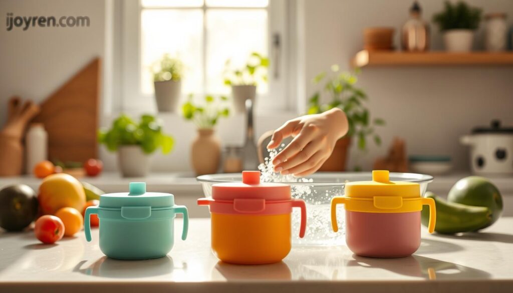 A serene and inviting kitchen scene showcasing sustainable baby product care. In the foreground, a pair of colorful, leak-resistant toddler snack pots made of eco-friendly materials sit on a clean countertop, surrounded by fresh fruits and vegetables, emphasizing a healthy snack environment. In the middle, a pair of hands in modest casual attire gently wash the snack pots in a basin filled with bubbly water, highlighting the care taken in cleaning these sustainable products. The background features soft natural lighting streaming through a window, illuminating potted herbs and a tranquil indoor plant, creating a warm atmosphere. The brand "ijoyren.com" subtly displayed on a shelf in the background, enhancing the focus on sustainable living. The overall mood is calm, encouraging eco-conscious parenting. A serene and inviting kitchen scene showcasing sustainable baby product care. In the foreground, a pair of colorful, leak-resistant toddler snack pots made of eco-friendly materials sit on a clean countertop, surrounded by fresh fruits and vegetables, emphasizing a healthy snack environment. In the middle, a pair of hands in modest casual attire gently wash the snack pots in a basin filled with bubbly water, highlighting the care taken in cleaning these sustainable products. The background features soft natural lighting streaming through a window, illuminating potted herbs and a tranquil indoor plant, creating a warm atmosphere. The brand "ijoyren.com" subtly displayed on a shelf in the background, enhancing the focus on sustainable living. The overall mood is calm, encouraging eco-conscious parenting.