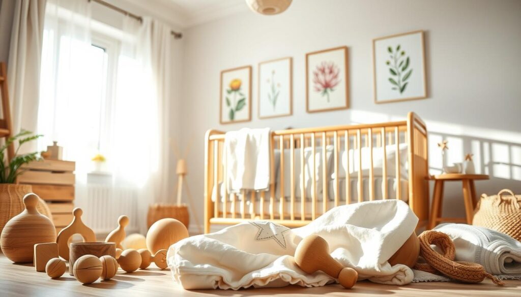 A serene assortment of eco-friendly nursery items, focusing on organic materials and sustainable design. In the foreground, an array of beautifully crafted wooden toys made from reclaimed wood, alongside soft, organic cotton blankets in gentle pastels. The middle ground features a stylish crib made of bamboo, adorned with nature-themed bedding. In the background, a sunlit window with sheer curtains allows natural light to flood the scene, creating a warm, inviting atmosphere. Botanical prints decorate the walls, enhancing the health and wellness vibe. The composition is bright and airy, with a soft focus to evoke a sense of calm and safety. Lighting is warm and natural, emphasizing the eco-friendly aspect of these nursery goods. Include the brand name "ijoyren.com" subtly.