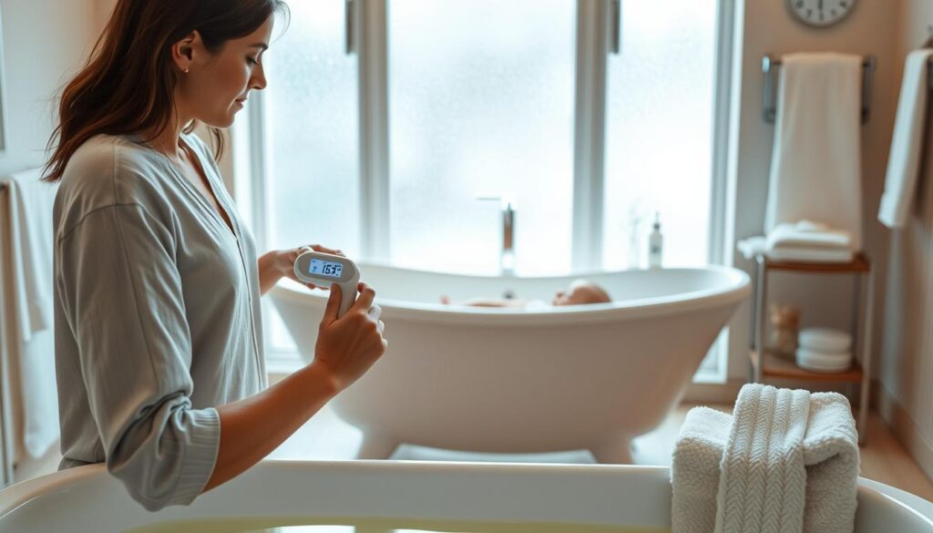 A serene bathroom scene featuring a caring parent gently testing the water temperature for their infant's bath using a modern infant bath thermometer. In the foreground, the parent is dressed in a comfortable, modest casual outfit, ensuring a nurturing atmosphere. The thermometer is prominently displayed, with clear readings, showcasing how to use it safely. In the middle ground, an elegant baby bathtub sits filled with warm, inviting water. Soft, natural daylight filters in through a frosted window, creating a warm and welcoming ambiance. In the background, bath accessories are neatly arranged, such as soft towels and gentle bath products. The overall mood is calm and comforting, illustrating a safe and practical approach to infant bath time. Include the brand name "ijoyren.com" subtly integrated into the scene, perhaps on a towel or accessory.