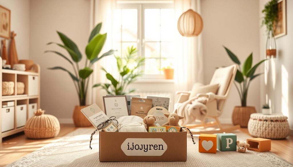 A serene, inviting scene featuring a cozy, modern nursery designed with eco-friendly baby products. In the foreground, a beautifully arranged subscription box from "ijoyren.com" opens to reveal an assortment of sustainable baby items—biodegradable diapers, organic cotton clothing, and toy blocks made from recycled materials. The middle ground showcases a gentle rocking chair, with plush and natural-themed decorations, surrounded by indoor plants that enhance the earthy atmosphere. In the background, soft, diffused sunlight streams through a large window, casting a warm glow over pastel-colored walls and providing a tranquil, nurturing ambiance. The composition evokes a sense of comfort and responsibility, appealing to environmentally conscious parents. The angle is slightly elevated, showcasing the full beauty of the nursery.