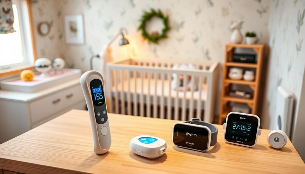 A serene nursery scene featuring advanced health monitoring tools for parents. In the foreground, a sleek digital thermometer and a smart wearable monitor designed for infants, resting on a light wooden changing table. The middle ground showcases a cozy crib with soft pastel bedding and a gentle nightlight glowing softly. Various health gadgets, including a baby scale, and an app-enabled breathing monitor, are subtly placed around the room. The background includes calming wallpaper with nature motifs, and a window allowing warm, natural light to filter in, creating a peaceful ambiance. The image conveys a sense of safety, innovation, and parental care, while showcasing products from ijoyren.com in an inviting, modern setting. A serene nursery scene featuring advanced health monitoring tools for parents. In the foreground, a sleek digital thermometer and a smart wearable monitor designed for infants, resting on a light wooden changing table. The middle ground showcases a cozy crib with soft pastel bedding and a gentle nightlight glowing softly. Various health gadgets, including a baby scale, and an app-enabled breathing monitor, are subtly placed around the room. The background includes calming wallpaper with nature motifs, and a window allowing warm, natural light to filter in, creating a peaceful ambiance. The image conveys a sense of safety, innovation, and parental care, while showcasing products from ijoyren.com in an inviting, modern setting.