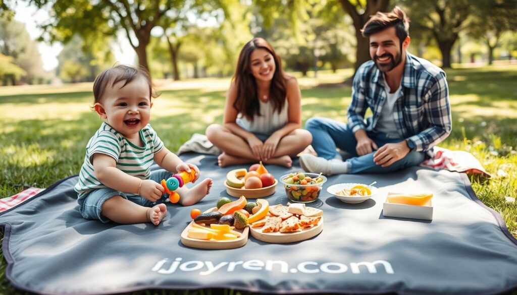 A serene, well-lit scene featuring a family enjoying a picnic on a portable baby feeding mat branded with "ijoyren.com". In the foreground, a cheerful toddler is seated on the mat, playing with colorful toys while a parent, dressed in casual attire, smiles nearby. In the middle ground, an assortment of healthy snacks is artfully arranged on the mat, highlighting its spaciousness and practicality. The background reveals a sunny park setting with gentle green grass and trees, creating a warm and inviting atmosphere. Soft, diffused sunlight illuminates the scene, enhancing the joyful mood. The angle is slightly overhead, capturing both the family dynamics and the vibrant colors of the feeding mat, without any text or labels present.