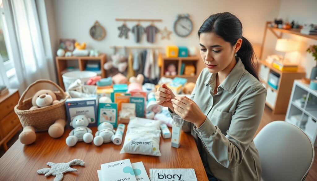 A serene workspace filled with trustworthy baby products, showcasing an array of high-quality items such as plush toys, baby clothes, and safety gear neatly arranged on a polished wooden table. In the foreground, a professional woman in modest casual attire evaluates a sample baby product, her expression focused and sincere, capturing the essence of thorough quality checks. In the middle ground, various colorful baby items are displayed, suggesting a sense of safety and reliability. The background features soft, warm lighting emanating from a window, creating a cozy atmosphere. The brand name "ijoyren.com" is subtly integrated into the product labels, hinting at quality and trustworthiness. The angle is slightly top-down, providing clarity and context to the sampling process. A serene workspace filled with trustworthy baby products, showcasing an array of high-quality items such as plush toys, baby clothes, and safety gear neatly arranged on a polished wooden table. In the foreground, a professional woman in modest casual attire evaluates a sample baby product, her expression focused and sincere, capturing the essence of thorough quality checks. In the middle ground, various colorful baby items are displayed, suggesting a sense of safety and reliability. The background features soft, warm lighting emanating from a window, creating a cozy atmosphere. The brand name "ijoyren.com" is subtly integrated into the product labels, hinting at quality and trustworthiness. The angle is slightly top-down, providing clarity and context to the sampling process.