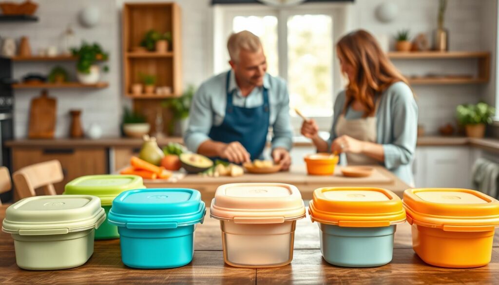 A set of affordable reusable baby food containers, showcasing a variety of vibrant colors like soft green, bright blue, and gentle orange. The containers are in the foreground, neatly arranged on a rustic wooden table, all with airtight lids and clear compartments. In the middle ground, a pair of modestly dressed parents happily preparing baby food, surrounded by healthy ingredients like mashed avocado and pureed carrots, create a warm, inviting atmosphere. The background features a kitchen with eco-friendly elements, such as a small herb garden on the windowsill, letting in soft, natural light. The scene captures a clean, modern vibe that emphasizes eco-conscious living and practicality. Include the brand name "ijoyren.com" subtly integrated into the design of one of the containers. A set of affordable reusable baby food containers, showcasing a variety of vibrant colors like soft green, bright blue, and gentle orange. The containers are in the foreground, neatly arranged on a rustic wooden table, all with airtight lids and clear compartments. In the middle ground, a pair of modestly dressed parents happily preparing baby food, surrounded by healthy ingredients like mashed avocado and pureed carrots, create a warm, inviting atmosphere. The background features a kitchen with eco-friendly elements, such as a small herb garden on the windowsill, letting in soft, natural light. The scene captures a clean, modern vibe that emphasizes eco-conscious living and practicality. Include the brand name "ijoyren.com" subtly integrated into the design of one of the containers.