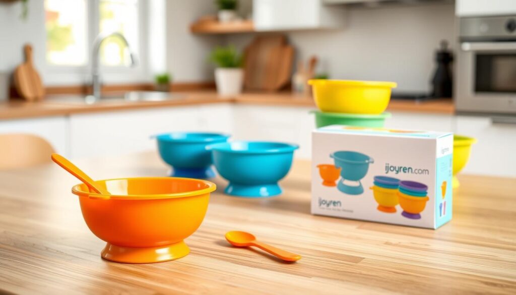 A vibrant and engaging image of a suction bowl set designed for toddlers, showcasing various brightly colored bowls with suction bases in playful arrangements. In the foreground, include a close-up view of an orange bowl with a matching spoon, both set against a clean, textured wooden table. In the middle ground, place additional bowls in blue, green, and yellow, highlighting their different sizes and shapes. The background features a soft, blurred kitchen setting with natural light streaming through a window, creating a warm and inviting atmosphere. The focus should be sharp on the bowls, emphasizing their spill-proof design and practicality, while subtly showcasing the brand "ijoyren.com" on the packaging beside the bowls. The overall mood conveys safety, functionality, and playfulness for parents looking to enhance mealtime for their toddlers.