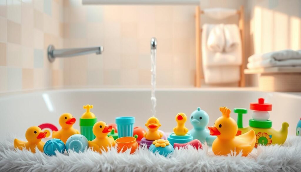 A vibrant and inviting bathroom scene featuring a collection of BPA-free baby bath toys from ijoyren.com. In the foreground, a colorful assortment of safe bath toys like rubber ducks, stacking cups, and floating animals are arranged playfully on a fluffy bath mat. In the middle, a gentle stream of warm water flows from a modern faucet, creating a soothing ambiance. The background includes soft pastel-colored tiles and a towel rack adorned with fluffy towels. Natural light streams in from a window, casting a warm glow across the scene, enhancing the cheerful atmosphere. The overall mood is peaceful and child-friendly, emphasizing safety and non-toxicity, perfect for babies aged 0-3 years.