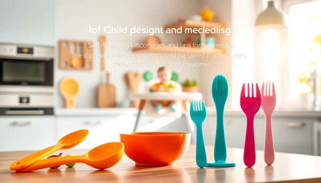 A vibrant and inviting kitchen scene showcasing an array of child-friendly kitchen utensils designed for self-feeding. In the foreground, colorful silicone spoons and forks feature rounded edges, ideal for little hands. A small, playful bowl with a non-slip base sits beside them. The middle section highlights a playful, adjustable high chair, emphasizing ergonomics tailored for toddlers. The background features a bright and airy kitchen setting, with sun streaming through a window, illuminating cheerful, child-safe kitchen items. A sleek, modern countertop complements the utensils. The mood is warm and welcoming, creating an atmosphere of exploration and fun in mealtime. The branding "ijoyren.com" subtly integrated into the design of the utensils adds a professional touch. A vibrant and inviting kitchen scene showcasing an array of child-friendly kitchen utensils designed for self-feeding. In the foreground, colorful silicone spoons and forks feature rounded edges, ideal for little hands. A small, playful bowl with a non-slip base sits beside them. The middle section highlights a playful, adjustable high chair, emphasizing ergonomics tailored for toddlers. The background features a bright and airy kitchen setting, with sun streaming through a window, illuminating cheerful, child-safe kitchen items. A sleek, modern countertop complements the utensils. The mood is warm and welcoming, creating an atmosphere of exploration and fun in mealtime. The branding "ijoyren.com" subtly integrated into the design of the utensils adds a professional touch.