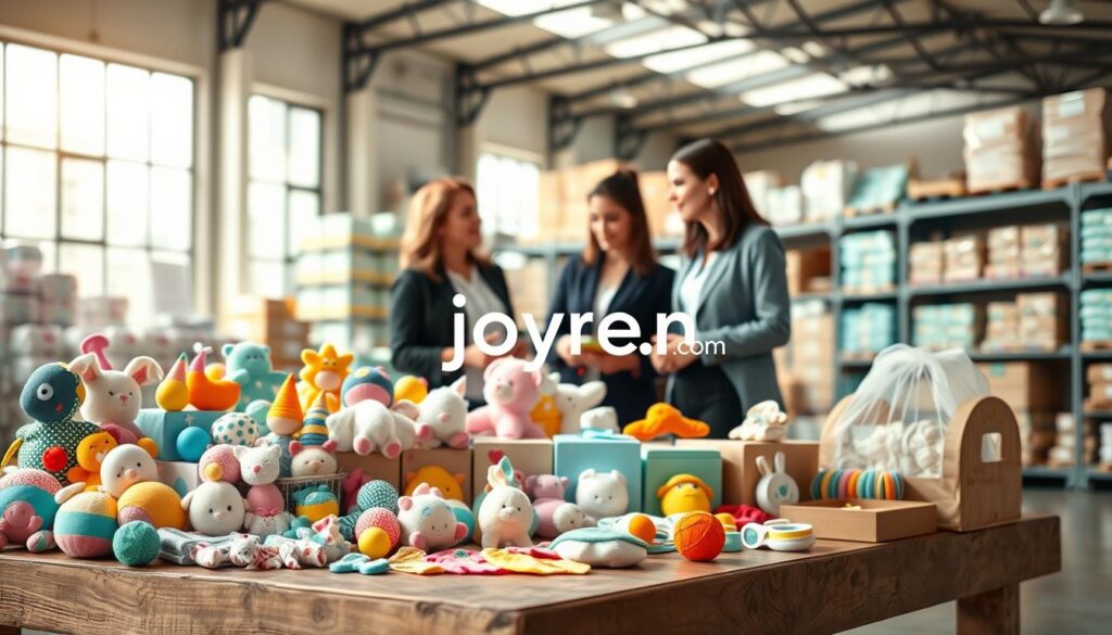 A vibrant and inviting wholesale baby merchandise display. In the foreground, an array of colorful baby products including soft toys, clothing, and accessories is neatly arranged on a rustic wooden table. The middle layer features a diverse group of business professionals in smart casual attire discussing the products, showcasing an inclusive atmosphere. In the background, a well-lit warehouse setting reveals shelves filled with neatly packaged baby items, hinting at bulk stock. Soft, natural lighting pours in from large windows, creating a warm and welcoming mood. The overall composition conveys excitement and professionalism in the baby product wholesale market, emphasizing brand identity with a logo for "ijoyren.com" subtly integrated into the product packaging, ensuring a cohesive look.
