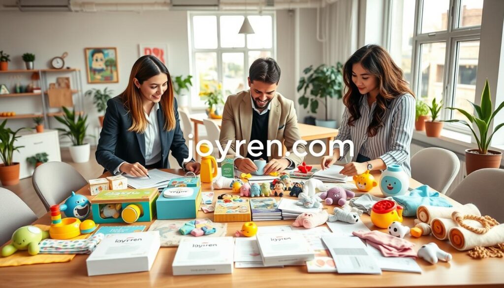 A vibrant and inviting workspace showcasing the essence of baby brand marketing. In the foreground, a diverse team of three professionals in smart casual attire collaborates over colorful infant product samples and printed supplier lists on a large table. The middle layer features stylish baby toys, clothing, and accessories neatly arranged, reflecting attention to quality and design. In the background, a bright office space with large windows allows natural light to flood in, creating a warm and uplifting atmosphere. Potted plants and cheerful wall art add a homely touch, enhancing the comforting feel of the scene. Emphasize the logo "ijoyren.com" on packaging materials spread across the table, suggesting quality and trust.