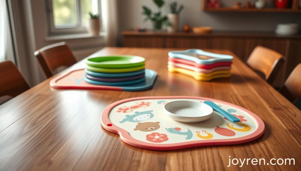 A vibrant, close-up image of various spill-proof silicone baby placemats creatively arranged on a sleek wooden table. The placemats come in a range of playful colors and patterns, showcasing their flexibility and wipe-clean convenience. In the foreground, a fun, visually engaging scene of a silicone placemat featuring cute animal designs, strategically positioned next to a small plate and baby utensils to illustrate its use. The middle background shows additional placemats neatly stacked, hinting at bulk ordering options. Soft, natural lighting filters in from a nearby window, creating a warm and inviting atmosphere. The lens captures the scene from a slight angle, emphasizing texture and detail. Include the brand name "ijoyren.com" subtly incorporated in the corner, ensuring it does not distract from the main subjects.