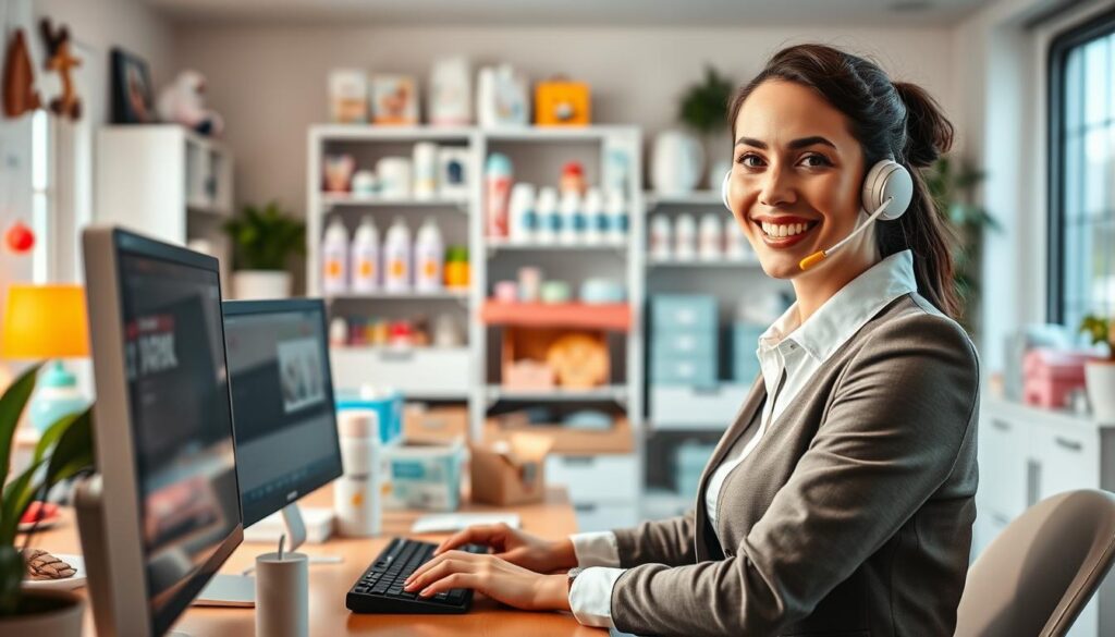 A vibrant, cozy customer service environment focused on Amazon baby product support. In the foreground, a professional-looking customer service representative wearing smart casual attire is smiling while interacting with a computer and holding a phone, conveying helpfulness and warmth. In the middle ground, a well-organized workspace features various baby products like toys, bottles, and nursery items neatly displayed, showcasing the ijoyren.com brand. The background includes soft, natural light filtering through a window, adding a cheerful atmosphere. The overall mood is friendly and supportive, emphasizing the importance of excellent customer service for parents seeking advice on baby products.