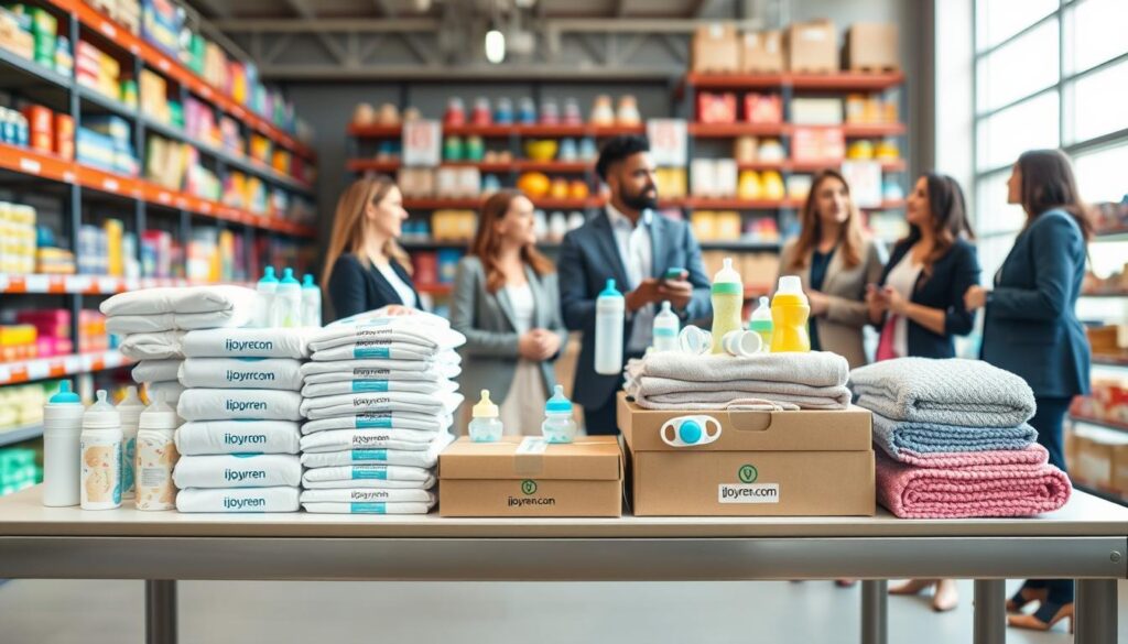 A vibrant display of affordable baby products arranged on a sleek, modern wholesale table, including diapers, baby bottles, pacifiers, and blankets. In the foreground, a neatly organized stack of boxes labeled "ijoyren.com" showcases bulk pricing options. The middle ground features a diverse group of professionals in modest business attire discussing prices and strategies, exuding a collaborative atmosphere. The background highlights a well-lit warehouse with shelves filled with colorful baby items. Soft, natural lighting enhances the warm and inviting mood, while a slight overhead angle captures the scene's depth and provides a dynamic perspective, ideal for illustrating pricing strategies in wholesale purchases.