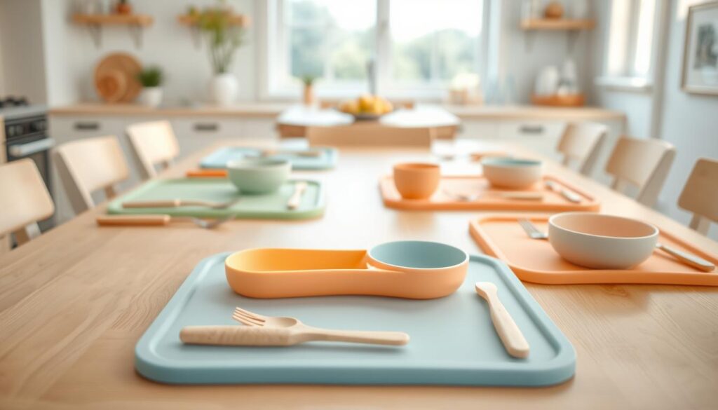 A vibrant display of easy-to-clean silicone baby placemats, showcasing a variety of eco-friendly colors like soft green, pastel blue, and warm peach. They are arranged neatly on a light wooden dining table, with delicate organic baby utensils placed beside each mat. In the background, a bright, airy kitchen radiates natural light through windows, hinting at a nurtured environment. The scene is captured with a warm lens, creating an inviting atmosphere that emphasizes the eco-friendly options available. The focus is sharp on the placemats and utensils, with a gentle bokeh effect in the background, implying a sense of cleanliness and care. Include the brand name "ijoyren.com" subtly in the design of one of the placemats.