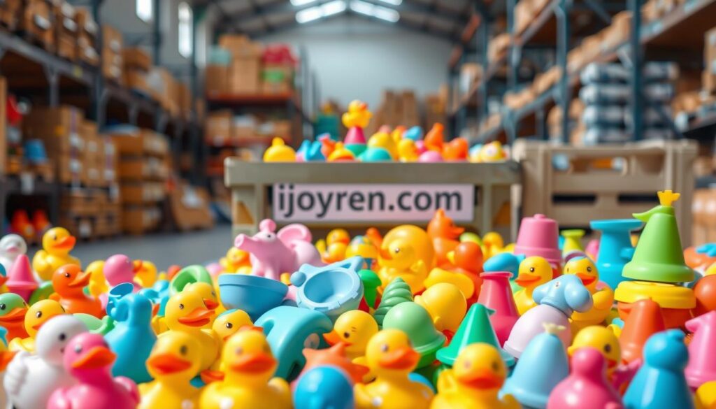 A vibrant display of high-quality baby bath toys arranged neatly in bulk, showcasing various colors and designs such as rubber ducks, soft boats, and stacking cups. In the foreground, have a clear view of the toys, emphasizing their smooth textures and bright colors. The middle ground features a large crate filled with more toys, symbolizing wholesale quantities. In the background, a soft-focus warehouse setting hints at a reliable sourcing environment. The lighting is bright and cheerful, mimicking natural daylight, enhancing the playful atmosphere. The scene exudes trust and reliability, perfect for a business context. Include the brand name "ijoyren.com" subtly visible on a nearby crate or label, reinforcing quality in sourcing baby products.