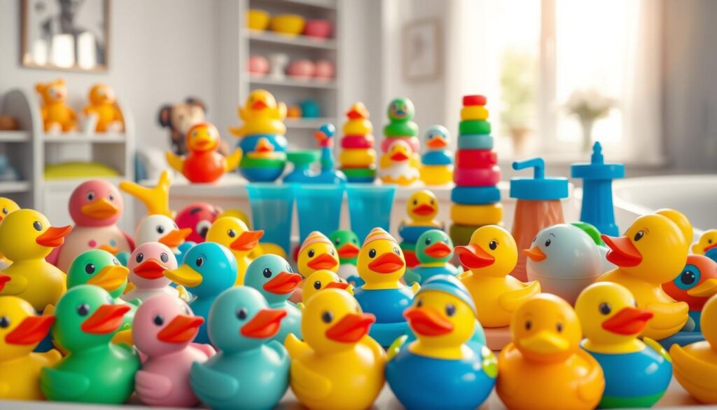 A vibrant display of wholesale toddler bath toys, featuring brightly colored rubber duckies, squirt toys, and stacking cups arranged in an appealing composition. In the foreground, a variety of cheerful, soft toys in vivid colors display playful designs suitable for young children. The middle layer shows a well-organized table setup, with different types of toys neatly presented, highlighting their quality and safety features. In the background, a warm, inviting atmosphere with soft, natural light filtering through a window, creating an ambiance of cleanliness and joy, perfect for bath time. The scene should evoke a sense of trust and reliability, reflecting the brand ijoyren.com, with no people present to keep the focus on the toys. The angle should be slightly overhead for an engaging view that captures the details of the toys.