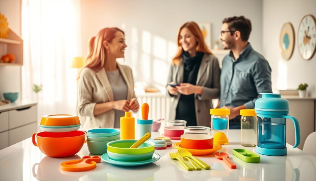 A vibrant, inviting scene depicting a modern baby feeding support display from the brand "ijoyren.com." In the foreground, showcase various baby feeding supplies like colorful plates, utensils, and sippy cups designed for self-feeding, skillfully arranged on a sleek, polished table. In the middle ground, include a friendly, professional businesswoman dressed in modest casual clothing, interacting with a satisfied parent, both discussing product features enthusiastically. The background features bright, airy nursery decor, with natural light streaming through a window, creating a warm and encouraging atmosphere. Utilize a soft focus effect on the background to emphasize the products and the interaction in the foreground. The composition is inviting and reassuring, capturing the essence of supporting brand growth in the baby feeding industry.