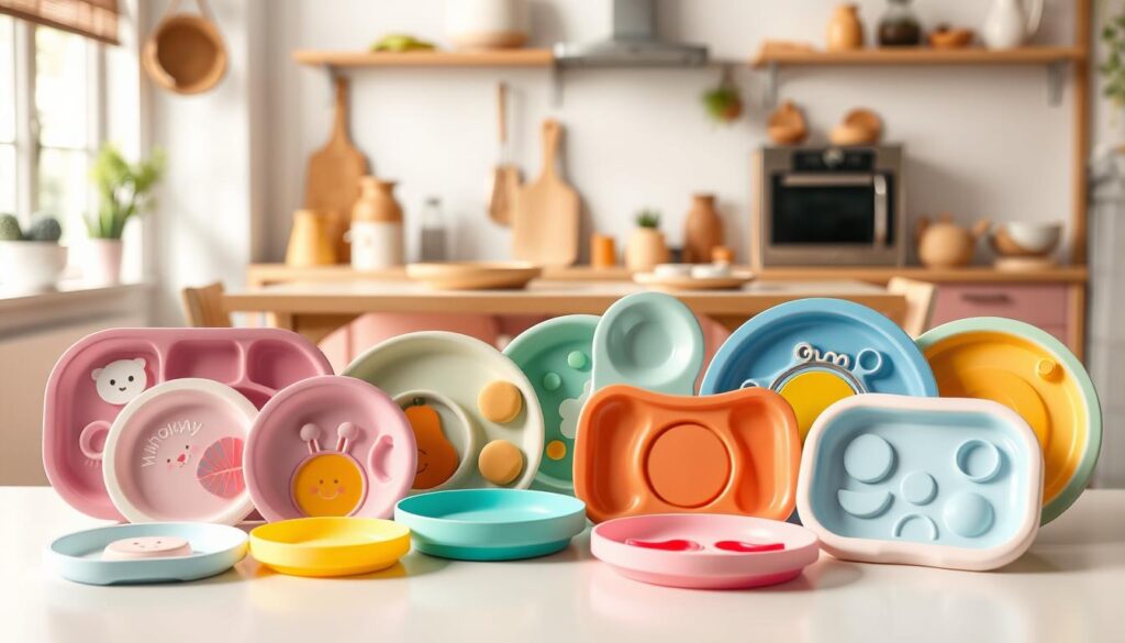 A vibrant scene showcasing a variety of custom silicone baby plates from ijoyren.com, highlighting unique shapes, colors, and patterns suitable for infants. In the foreground, several baby plates are arranged artistically, featuring engaging designs like animals, fruits, and cheerful motifs, demonstrating their food-grade silicone material and suction bases. The middle ground displays a soft, artisanal kitchen setting with a wooden table and playful utensils, evoking a warm, homely atmosphere. In the background, gentle natural light filters through a window, casting a soft glow, enhancing the inviting mood of the scene. Use a shallow depth of field for a focused view on the plates, ensuring the image captures their vibrant details and customization options without distractions.