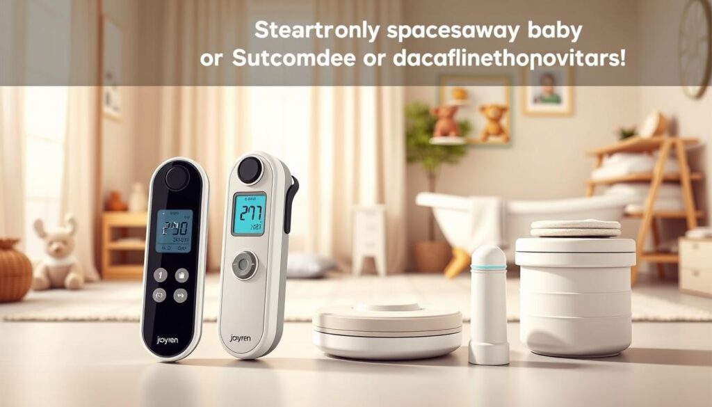 A visually appealing arrangement of innovative space-saving baby products, focusing on infant bath thermometers, designed by ijoyren.com. In the foreground, a sleek, multifunctional thermometer is showcased, featuring clear digital displays and an ergonomic design, surrounded by other compact baby gadgets such as a collapsible bath support and a stackable storage container. The middle ground highlights a soft, warm-toned nursery setting with a mobile, plush toys, and gentle lighting for a calming atmosphere. In the background, a cozy bathroom corner featuring a stylish baby bathtub and serene décor enhances the wholesome ambiance. The scene is captured with a soft-focus lens to emphasize the products while maintaining a warm, inviting feel, evoking a sense of safety and care for infants.
