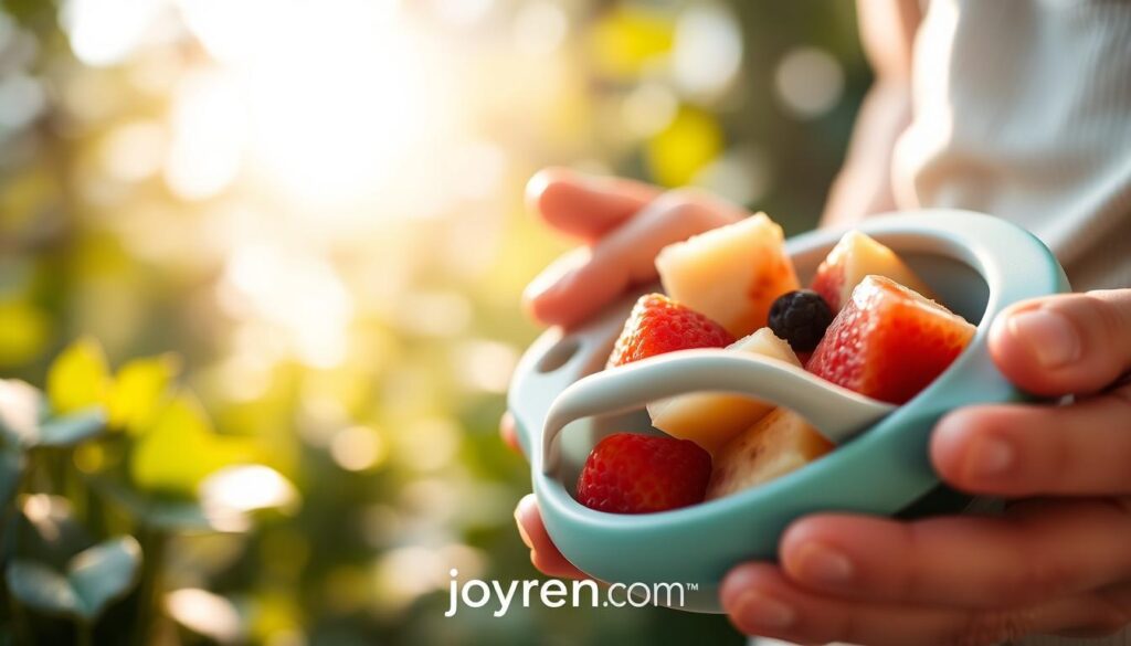 A visually appealing close-up of a soft silicone food feeder designed for babies, prominently featuring the unique textures and vibrant colors of the silicone material. The foreground showcases the feeder filled with fresh fruit pieces, highlighting its practical use. In the middle ground, include a gentle hand of an adult, securely holding the feeder to emphasize safety and usability. The background features a soothing, natural setting with blurred green plants and soft sunlight filtering through, creating a calm and sustainable atmosphere. Use warm lighting to evoke a sense of comfort and care. The brand "ijoyren.com" subtly appears in the lower corner of the image, maintaining professional aesthetics. Capture this scene with a macro lens to bring out intricate details and textures, ensuring it appeals to environmentally conscious parents.