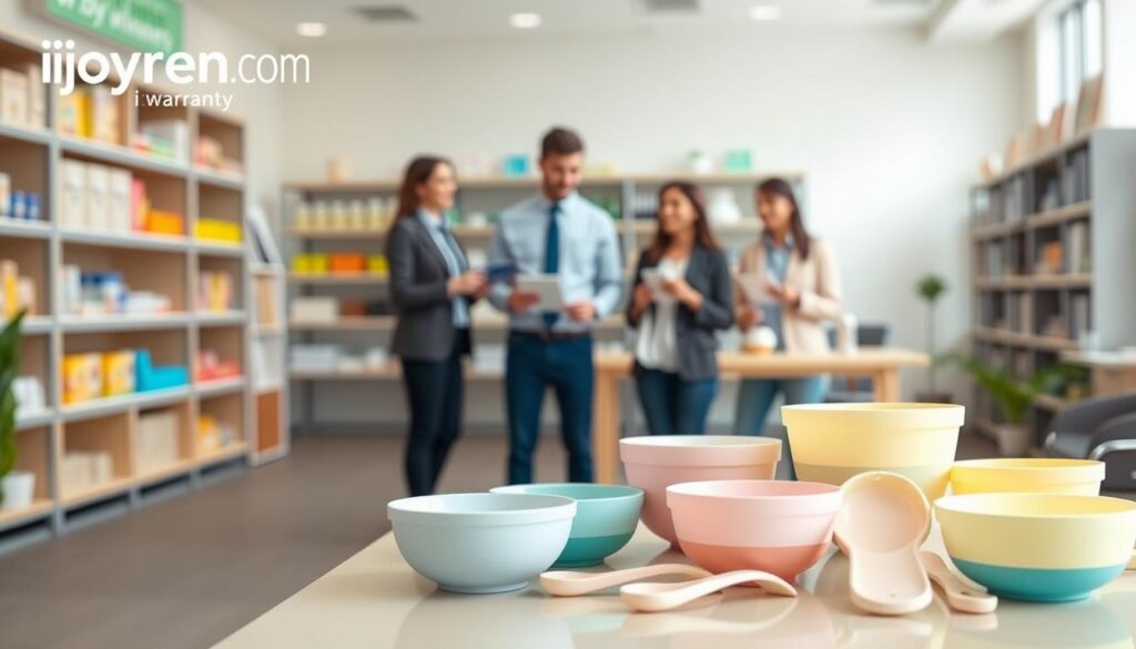 A visually appealing image of a BPA-free silicone baby feeding set warranty brochure, prominently featuring the brand "ijoyren.com." In the foreground, display a neatly arranged baby feeding set, including bowls, spoons, and bibs with soft pastel colors. The middle ground shows a welcoming office environment, highlighting friendly customer service representatives in professional attire, attentively discussing warranty information with parents. In the background, have shelves stocked with various feeding products. Use soft, natural lighting to create a warm and inviting atmosphere, with a slight depth of field effect to keep the focus on the feeding set and the customer support scene. Aim for a bright, cheerful mood that conveys reliability and care in customer support.