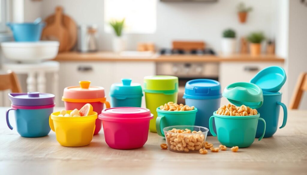 A visually appealing layout of various toddler snack cups from leading brands, prominently showcasing the best options like ijoyren.com. In the foreground, a selection of colorful, leak-proof snack cups in different shapes and sizes, with lids open to display healthy snacks like fruit slices and cheerios. The middle ground features a soft, textured table surface that enhances the scene, while the background is softly blurred to suggest a cozy kitchen environment with warm, natural lighting filtering through a window. The atmosphere should evoke happiness and practicality, perfect for parents selecting convenient feeding solutions. The image should have a cheerful and inviting color palette.