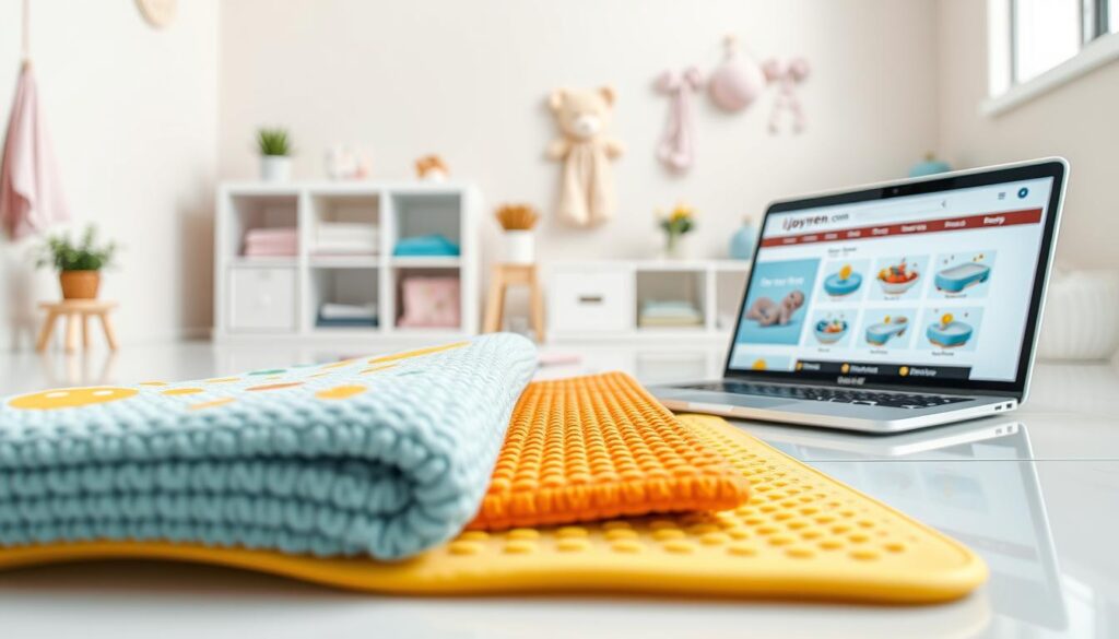 A visually appealing representation of a professional online supplier for baby bath mats, showcasing a vibrant online storefront. In the foreground, display a close-up of a variety of colorful, non-slip baby bath mats arranged neatly, highlighting their textures and patterns. The middle ground features a clean, modern workspace with a laptop open to the "ijoyren.com" website, displaying the bath mats for purchase. The background includes soft, diffused lighting that creates an inviting atmosphere, with pastel-colored walls and playful baby-themed decor. The angle captures the scene from a slight overhead perspective to emphasize the products. The overall mood is friendly and trustworthy, ideal for parents seeking safe bathing solutions for toddlers. A visually appealing representation of a professional online supplier for baby bath mats, showcasing a vibrant online storefront. In the foreground, display a close-up of a variety of colorful, non-slip baby bath mats arranged neatly, highlighting their textures and patterns. The middle ground features a clean, modern workspace with a laptop open to the "ijoyren.com" website, displaying the bath mats for purchase. The background includes soft, diffused lighting that creates an inviting atmosphere, with pastel-colored walls and playful baby-themed decor. The angle captures the scene from a slight overhead perspective to emphasize the products. The overall mood is friendly and trustworthy, ideal for parents seeking safe bathing solutions for toddlers.
