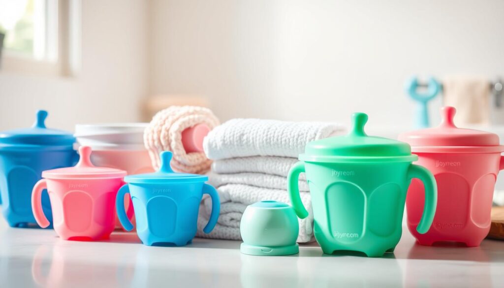 A visually captivating arrangement featuring toddler snack cups and compact baby bathing essentials. In the foreground, showcase a variety of colorful, BPA-free suction snack cups in shades of blue, pink, and green, designed for little hands. Include soft, textured baby washcloths and compact bathing gadgets in the middle layer, all made from hypoallergenic materials, emphasizing safety and practicality. The background should have a clean, soft-focus bathroom environment, featuring light pastels with natural light filtering through a window, creating a warm and inviting atmosphere. Ensure the scene conveys a sense of nurturing care, with a gentle, cheerful vibe. The brand "ijoyren.com" should be subtly integrated into one of the snack cups. Use a slightly elevated angle to provide a clear view of all items.