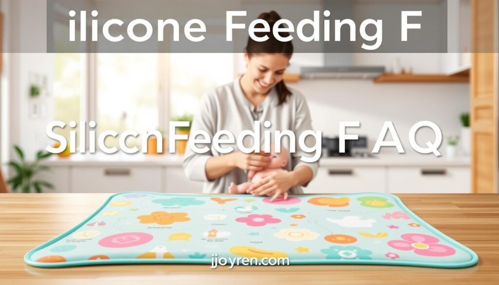 A visually engaging illustration focused on a "Silicone Feeding FAQ", centered around portable baby feeding mats. In the foreground, display a beautifully arranged silicone feeding mat featuring vibrant, playful designs that appeal to young parents. Include small, colorful icons representing common FAQ topics such as cleaning, safety, and usage tips, subtly integrated into the mat's design. In the middle ground, show a nurturing scene of a professional caregiver in modest casual attire, gently demonstrating how to use the mat with a baby doll, exuding warmth and care. The background should be softly blurred, featuring a modern kitchen with natural light streaming in, creating a bright and inviting atmosphere. Emphasize the brand name "ijoyren.com" subtly in the design, ensuring it blends seamlessly without being prominent. Aim for a mood of guidance and reassurance for parents seeking answers.