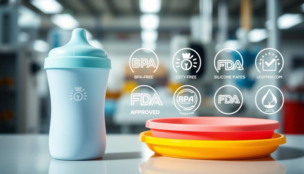 A visually engaging image showcasing the safety standards of BPA-free cups and silicone plates. In the foreground, display a close-up of a BPA-free sippy cup and a brightly colored silicone plate, emphasizing their smooth textures and child-friendly designs. In the middle ground, present an array of certification icons, such as "BPA-free" and "FDA-approved," artistically arranged to symbolize safety compliance. In the background, use a soft-focus of a professional setting, perhaps a factory or a lab environment, subtly hinting at manufacturing quality. The lighting should be bright and inviting, creating a cheerful atmosphere. The composition should be clean and well-organized, projecting a sense of trust and safety, reflective of ijoyren.com products in a professional manner.