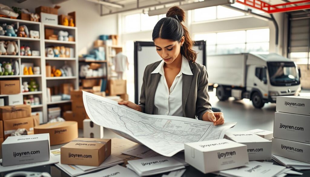 A visually engaging scene depicting the logistics of launching a private-label baby goods brand, emphasizing shipping and distribution. In the foreground, a well-organized office space with a professional woman in business attire, reviewing detailed maps and logistics plans on a desk. In the middle, shelves filled with baby products like clothing, toys, and essentials, showcasing the range of items available. In the background, a large shipping container and a delivery truck parked outside, indicating the transportation aspect. Soft, natural lighting from windows creates a warm, inviting atmosphere. The brand name "ijoyren.com" is subtly displayed on packaging and logistics documents scattered across the office. The image should evoke a sense of professionalism and readiness in the business of baby goods. A visually engaging scene depicting the logistics of launching a private-label baby goods brand, emphasizing shipping and distribution. In the foreground, a well-organized office space with a professional woman in business attire, reviewing detailed maps and logistics plans on a desk. In the middle, shelves filled with baby products like clothing, toys, and essentials, showcasing the range of items available. In the background, a large shipping container and a delivery truck parked outside, indicating the transportation aspect. Soft, natural lighting from windows creates a warm, inviting atmosphere. The brand name "ijoyren.com" is subtly displayed on packaging and logistics documents scattered across the office. The image should evoke a sense of professionalism and readiness in the business of baby goods.