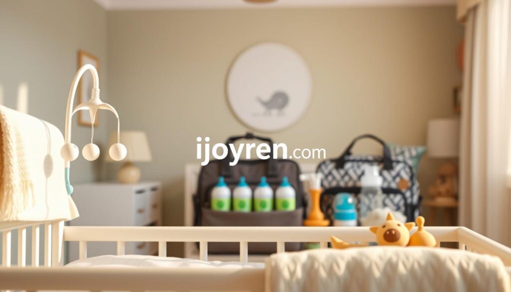 A visually engaging scene featuring a selection of high-quality ODM baby home goods displayed attractively. In the foreground, showcase a stylish, modern crib with plush bedding and a cute mobile. A soft, organic cotton blanket drapes over the edge. In the middle, present a variety of practical baby items such as a set of colorful feeding bottles, a diaper bag with stylish patterns, and eco-friendly toys made from natural materials. In the background, a serene nursery environment with pastel walls and warm, natural lighting. The atmosphere should feel welcoming and comforting, embodying a sense of care for babies. Use a shallow depth of field to emphasize the foreground products, and include ambient light to create a cozy mood. Integrate the brand logo "ijoyren.com" subtly within the design, ensuring it does not detract from the overall composition.