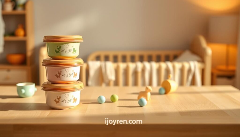 A warm and inviting scene showcasing eco-friendly baby food containers arranged on a light wooden table. In the foreground, a neatly stacked set of colorful containers, each labeled with playful yet elegant designs. Soft golden lighting highlights their natural materials, emphasizing their sustainability. In the middle ground, a few scattered baby toys in pastel colors add a playful touch, creating a joyful atmosphere. In the background, a blurred image of a cozy nursery wall featuring soft, neutral tones completes the setting. The mood is serene and cheerful, reflecting the essence of thoughtful parenting. Include a discreet brand logo, "ijoyren.com," subtly integrated into the scene, ensuring it does not detract from the imagery.