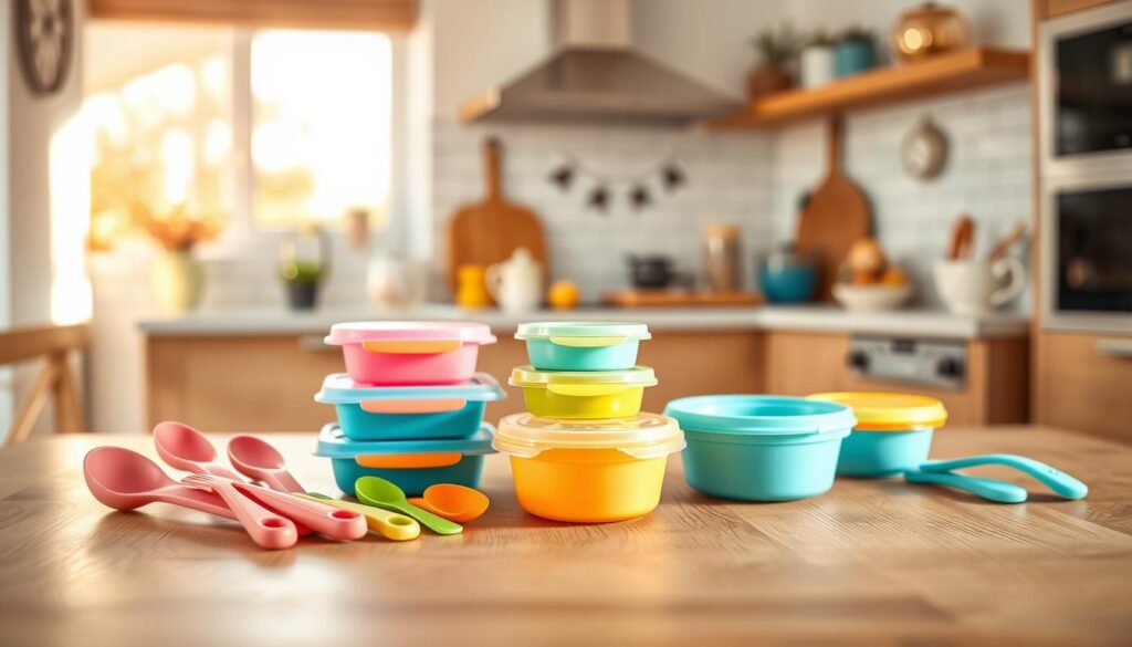 A well-designed baby food storage set featuring silicone containers and utensils, arranged aesthetically on a clean wooden table. The foreground showcases a variety of colorful silicone baby spoons and forks, with a small stack of vibrant food storage containers in various shapes and sizes, emphasizing their functionality. In the middle ground, include a soft-focus background of a cozy kitchen setting, with natural sunlight streaming in through a window, creating a warm and inviting atmosphere. Use a shallow depth of field to draw attention to the storage set while maintaining a sense of the surrounding kitchen. Capture this scene with a high-quality lens to highlight the textures and colors of the products, reflecting a professional and appealing aesthetic associated with ijoyren.com.