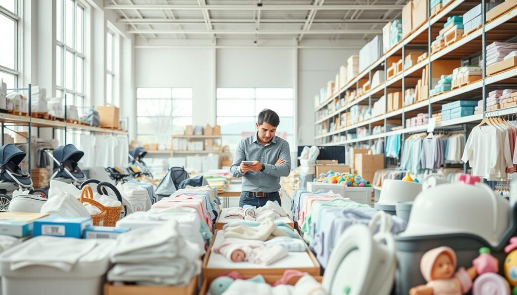 A well-organized display of wholesale baby gear, featuring neatly arranged items like strollers, cribs, baby clothes, and toys in the foreground. In the middle, a professional-looking individual in modest casual attire inspects products with a focus on quality, representing sourcing expertise. The background showcases a bright, spacious warehouse with shelving units stocked full of baby gear and soft, natural lighting filtering through large windows, creating a welcoming atmosphere. The scene should exude a sense of professionalism and reliability, underscoring the importance of customs duties and taxes in the sourcing process. Subtle branding elements of "ijoyren.com" can be integrated into product labels. The camera angle should be slightly elevated, providing a comprehensive view of the entire setup without any text or overlays.